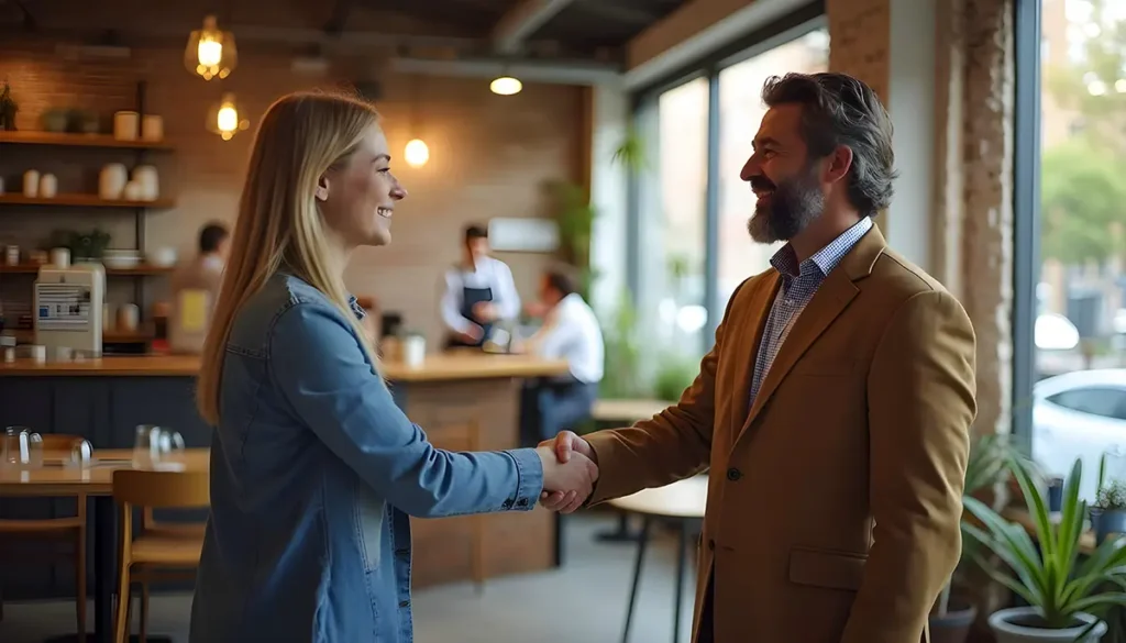 Two small business owners shaking hands to start a local collaboration.