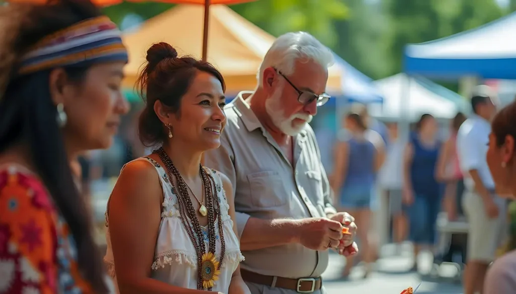 Small business setup at a local outdoor market with people engaging.