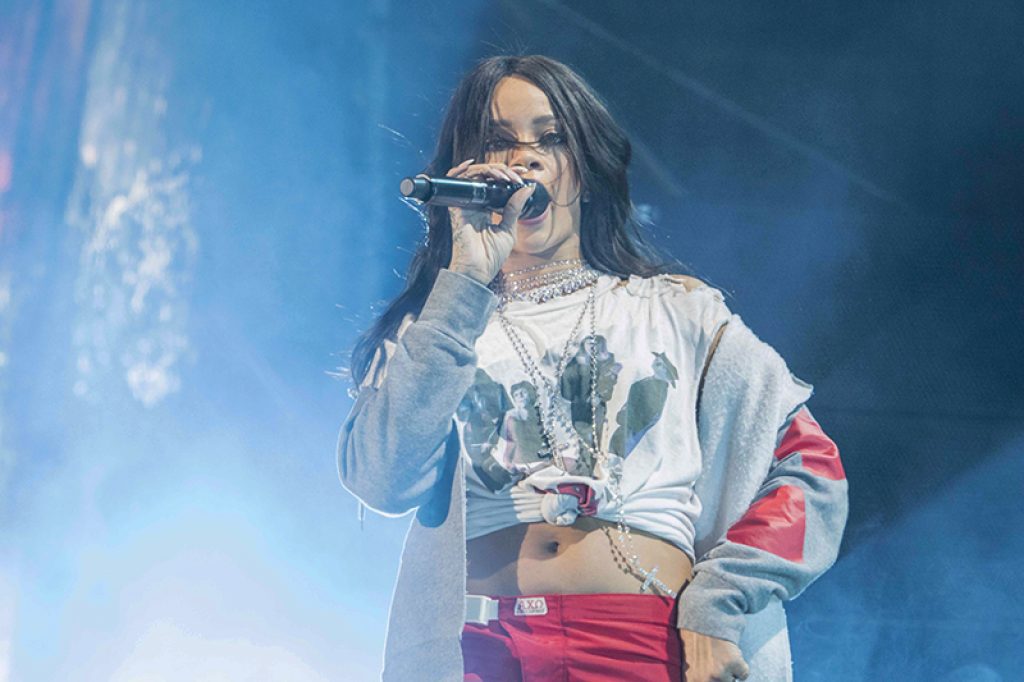 Songs by Rihanna: Rihanna performs in 2015 in celebration of an NCAA basketball tournament.